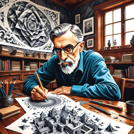 "M.C. Escher pen and ink spilling on desk paper in the shape of M.C. Escher likeness in old artist studio."
"detailed matte painting, deep color, fantastical, intricate detail, splash screen, complementary colors, fantasy concept art, 8k resolution trending on Artstation Unreal Engine 5"