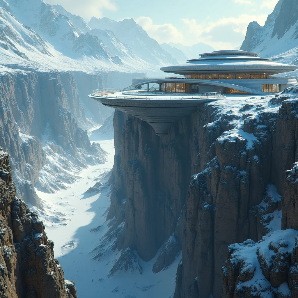 A grand and futuristic palace built on the edge of a steep cliff, with circular buildings with large panoramic windows and a helipad.The palace is surrounded by stiff, jagged mountains, overlooking a deep uninhabited valley below. The palace have a blend of architecture based on roman as well as futuristic styles. The surroundings are frigid and icy with bright daylight providing a breathtaking view of an isolated stronghold that is isolated from the rest of the world and is completely self contained.
hyper-detailed, ultra-realistic, 8k resolution, atmospheric lighting, surreal and majestic.