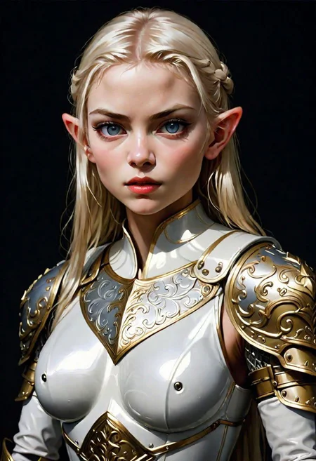 Galadriel martial portrait, in (white enamelled heavy plate armor with gold filegree:1.3), golden hair with silver highlights, sexy, light grey eyes, (pointed ears:1.2),
Portrait by Caravaggio, oil on canvas.
1girl,
Full body with shield and spear. The shield device shows the sigil of the house of finarfin