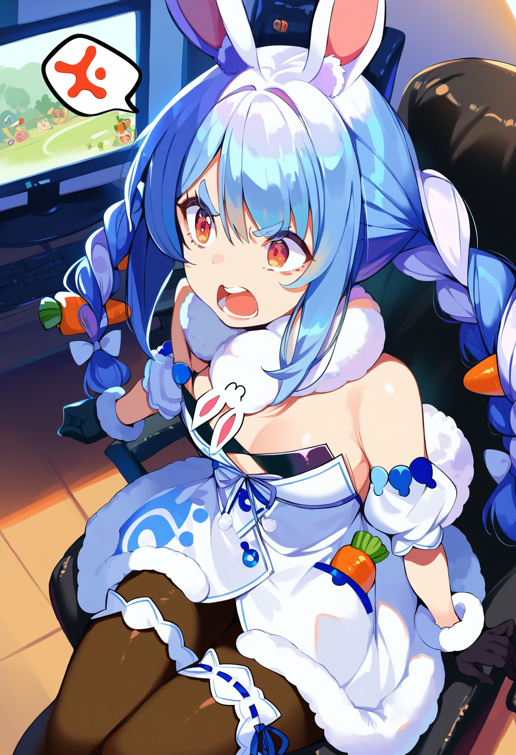 score_9, score_8_up, score_7_up, score_6_up, source anime,
usada pekora, rabbit girl, rabbit ears, animal ear fluff, rabbit tail, twin braids, carrot hair ornament, thick eyebrows,
usada pekora base, detached sleeves, black gloves, fur scarf, bare shoulders, white dress, black pantyhose, bridal garter,
open mouth, upper teeth only, angry, spoken anger vein, indoors, gaming chair, monitor, from above, sitting,
<lora:usada_pekora_v1:1>