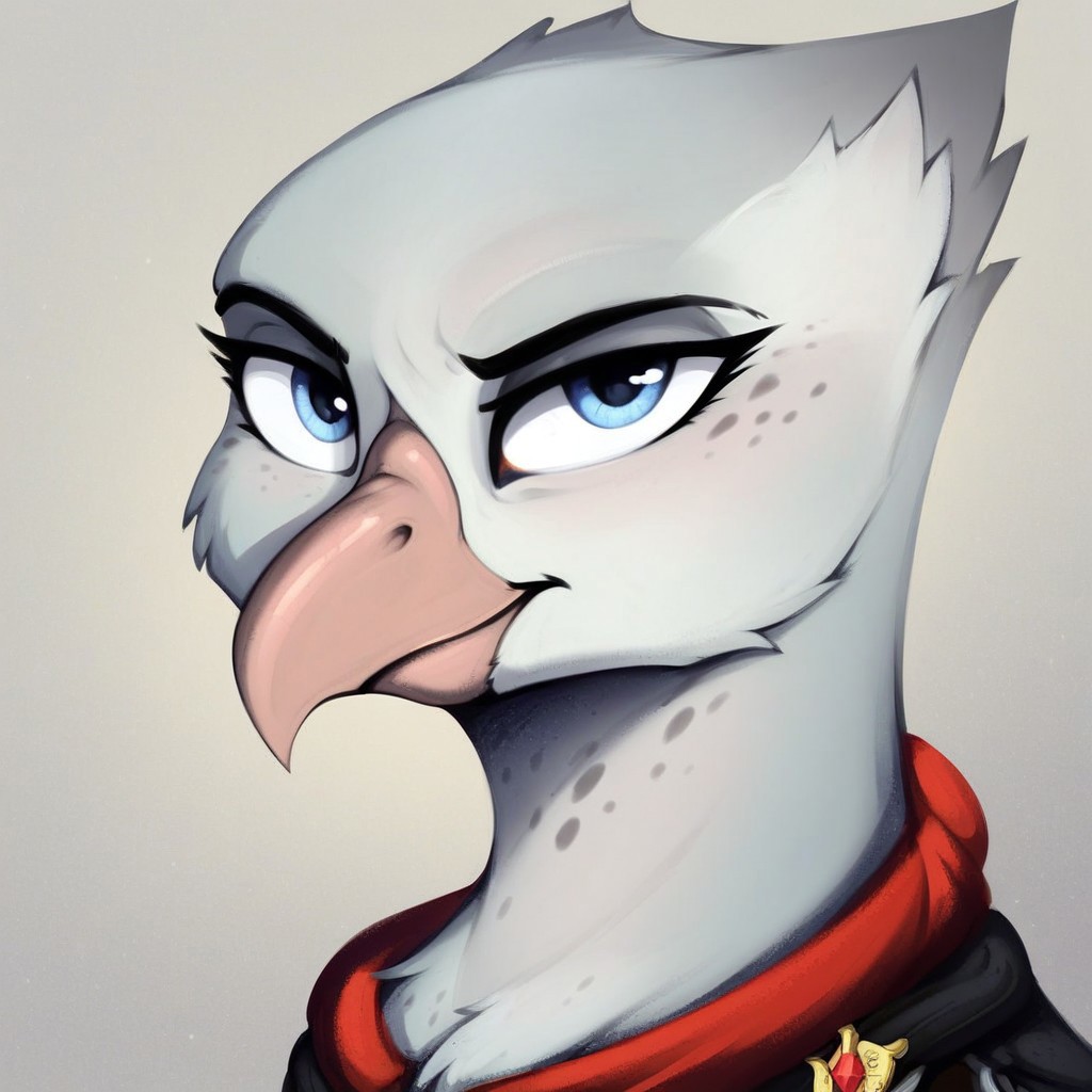 masterpiece, score_9_up, score_8_up, score_7_up, score_6_up, (best quality:1.1), ultra-detailed, high resolution, solo, 1girl, Blackrock, griffon, mlp, avian, feral, female, long eyelashes, eyebrows, (beautiful detailed light blue eyes), beak, smirk, gray-white feathers, gray freckles, feathery ears, tail, wings, looking at the viewer, upper body, expressiveh, highly visible, sharp focus, anatomically correct, simple background