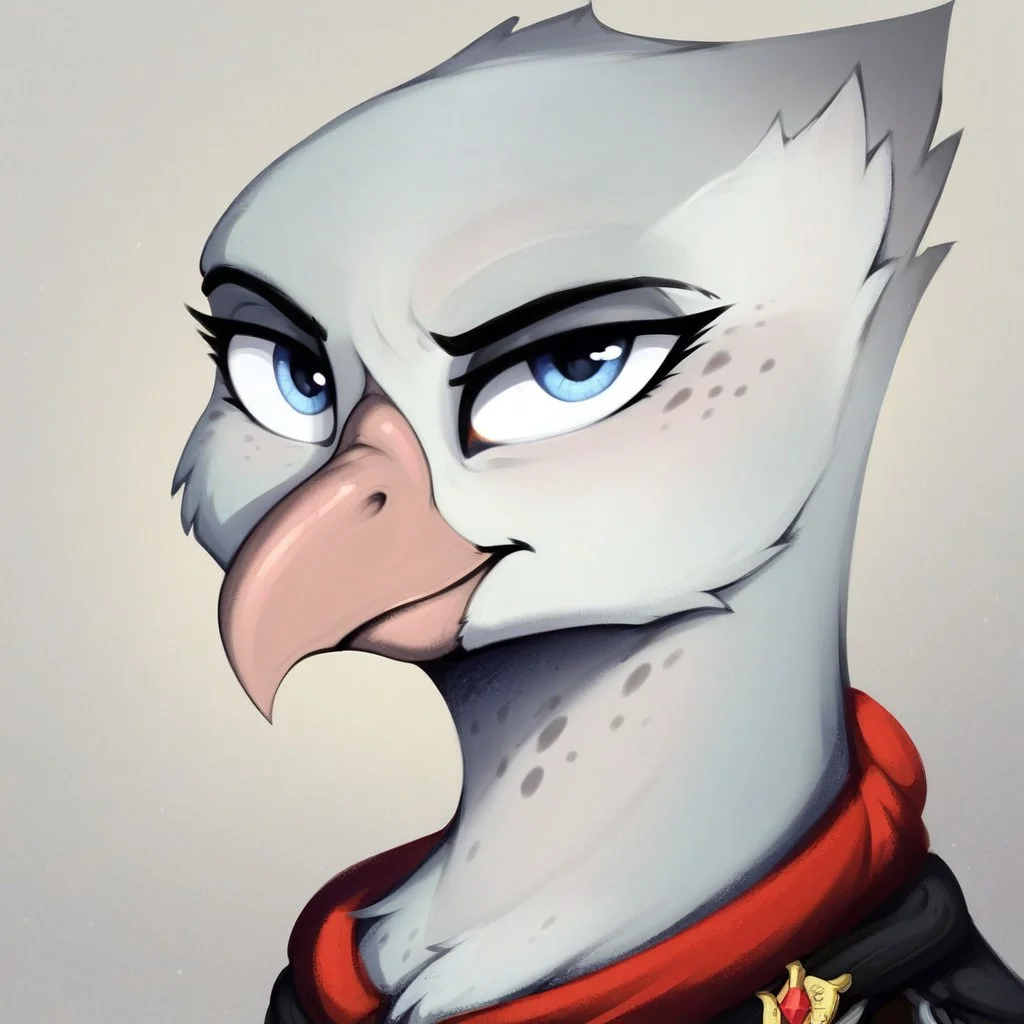 masterpiece, score_9_up, score_8_up, score_7_up, score_6_up, (best quality:1.1), ultra-detailed, high resolution, solo, 1girl, Blackrock, griffon, mlp, avian, feral, female, long eyelashes, eyebrows, (beautiful detailed light blue eyes), beak, smirk, gray-white feathers, gray freckles, feathery ears, tail, wings, looking at the viewer, upper body, expressiveh, highly visible, sharp focus, anatomically correct, simple background