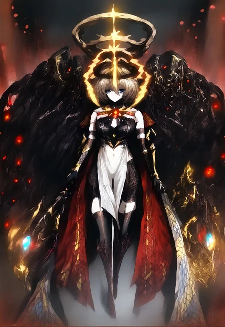 safe_pos, safe_pos, [<lora:EnvyBetterHands:2.0>, <lora:EnvyBetterHiresFixXL01:1.5>, <lora:Machina_Corruption_Omega_Processor_Pony_V2:1>, (Abstract Backdrop:1.5), fine_ascxl], [(highly detailed, highly-detailed, realistic, fine fabric detail, absurdres, masterpiece, very aesthetic, best quality, anime style, black souls style, score_9, score_8_up, score_7_up):1.4, glowing, arm0rs3nt1n3l, arm0rpunkv4], [(uncensored, full body:2.0, solo:1.4), (1girl, standing, detailed face, blush), {machina corruption, CursedSwordMGE, nanoha}:1, (iridescent eyes, unusual eyes, glowing eyes, symbol-shaped pupils), (colored inner hair, very long hair, black hair, brown hair, two-tone hair, multicolored_hair, ahoge, gradient hair, hair between eyes, red body marking), (neck, collarbone, abs, navel, joints, muscular, bulky muscles, large breasts, narrow waist, large hips, thick thighs, long legs), (mechanical limbs, mechanical tail):0.8, (floating halo:1.3, mechanical halo:0.8, glowing crown:0.7, crown halo, red light:1.6)], [(red scarf, cloak, armor, holding sword, ornate outfit:1, fur-trimmed bodysuit:0.75, full bodysuit), (magical coat, open coat), (detached long sleeves, gilded sleeves)], [clothing cutout, cleavage cutout, black corset, shoulder armor, shoulder capes], [(high-waist skirt, frilly skirt, see-through skirt), (gilded gauntlet:4, elbow gloves:3), (white short shorts, black tights, pelvic curtain, thigh boots, highheels)]