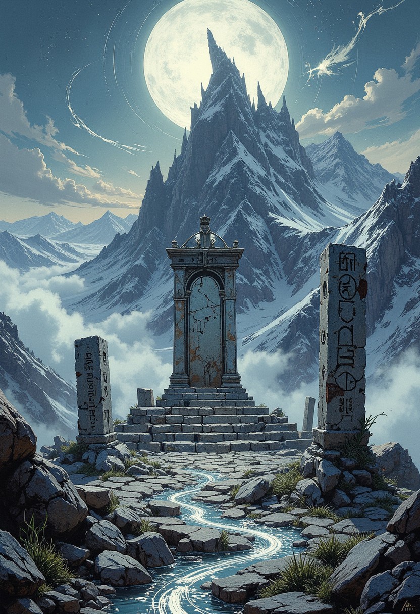 Desolate mountain summit bathed in pale moonlight, jagged peaks piercing a cold, starless sky. A lone stone altar stands weathered and cracked, surrounded by shattered monoliths etched with forgotten runes. The wind carries faint echoes, swirling through barren, rocky terrain, devoid of life. Wisps of silver mist coil across the ground, faintly glowing as they drift toward the edge of the abyss. The vast emptiness stretches beyond, with clouds below like a lifeless ocean. Off-center composition, atmospheric framing, the altar in focus, evoking an eerie sense of isolation and forgotten power.