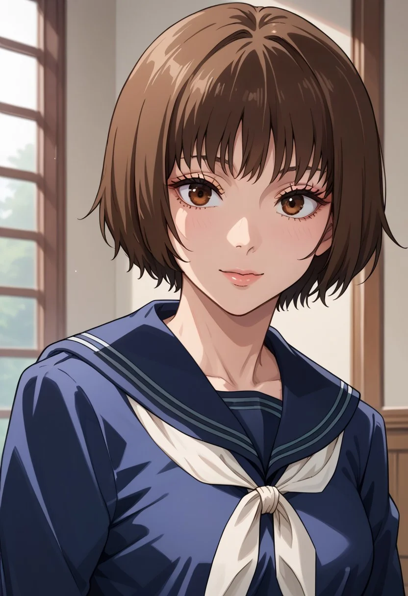 anime artwork, score_9, score_8_up, score_7_up, score_6_up, score_5_up, solo, perfect eyes, detailed eyes, beautiful female, detailed face, dynamics lines, 20 year old, perfect beautiful face, long eyelashes, sharp eyes pupils, (bedroom:1.3), (upper body:1.5), medium breasts, wide hips, hips,,1 girl, brown hair, short hair, bangs, brown eyes, school uniform, blue serafuku, sailor collar, smile