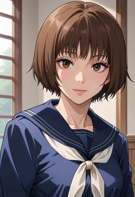 anime artwork, score_9, score_8_up, score_7_up, score_6_up, score_5_up, solo, perfect eyes, detailed eyes, beautiful female, detailed face, dynamics lines, 20 year old, perfect beautiful face, long eyelashes, sharp eyes pupils, (bedroom:1.3), (upper body:1.5), medium breasts, wide hips, hips,,1 girl, brown hair, short hair, bangs, brown eyes, school uniform, blue serafuku, sailor collar, smile