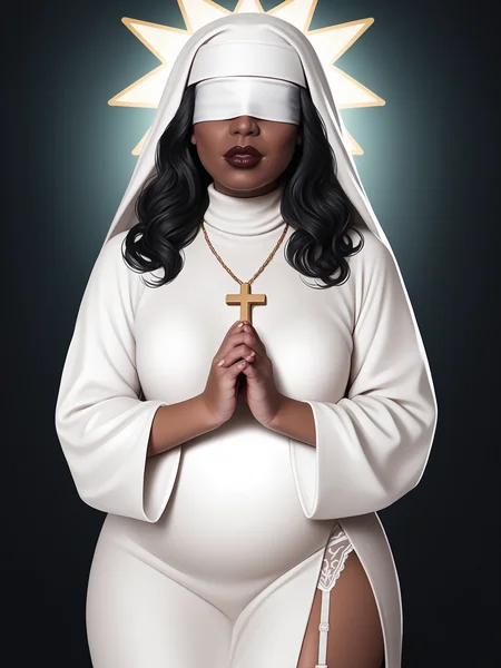 score_9, score_8_up, score_7_up, score_6_up, score_5_up, score_4_up,
BREAK
1girl, dark skin, white blindfold, blindfold, dark red lips, black hair, wavy hair, long hair, thick lips, adult, mature, white hat, white habit,
BREAK
solo, standing, cowboy shot, thick thighs, praying, nun, white robe, ornate robe, gold trim, small breasts, curvy, gold crown of thorns, star halo, cross necklace, turtleneck, side slit, white garter belt, white lace thighhighs,
BREAK
black background, realistic, photorealistic, real life, <lora:Lunas-Negisaray-SDXL-A1:1>