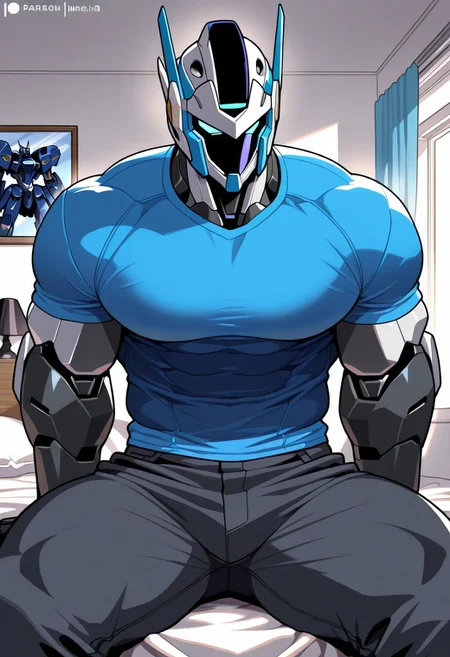 sp_mecha,detailed, perfect anatomy, masterpiece, high quality, best quality, highres,muscular,bara,mecha,helmet,shirt,pants,in bedroom,sitting,at window