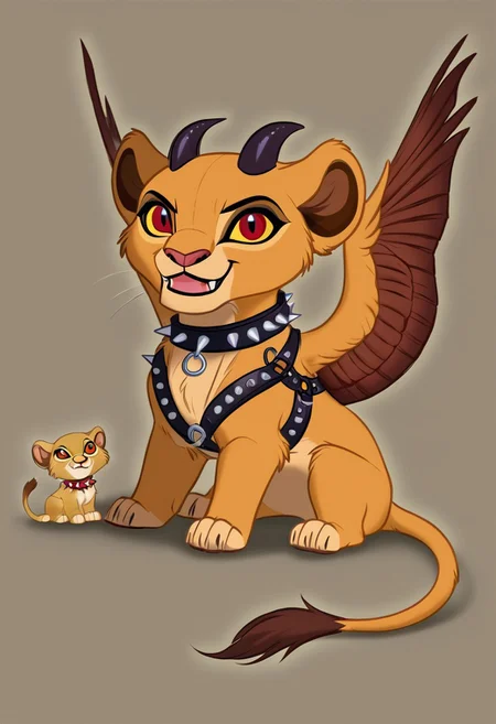 the lion king, lioness, Chibi, Chibi Body, Chibi Art Style abyss monster, lioness, female, feral, sitting, black smooth fur, webbed wings, claws, horns, red eyes, feline body, fangs, leather harness, full body, spiked collar, Detailed body fur,  a three-quarter view, masterpiece