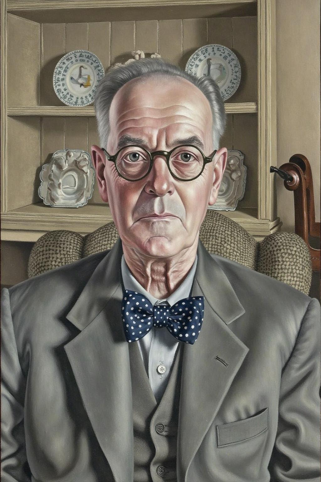 sspencer1 painting.
A painting depicting an elderly man seated in a domestic setting. The subject is an elderly man with a pale, wrinkled face, thinning white hair, and round frame Windsor glasses. He is wearing a dark gray suit jacket, a white shirt, and a navy blue bow tie adorned with white polka dots. The man's expression is neutral, and he looks directly at the viewer. <lora:sspencer1_cap_d6a3:1.0><lora:832102209681474337:0>