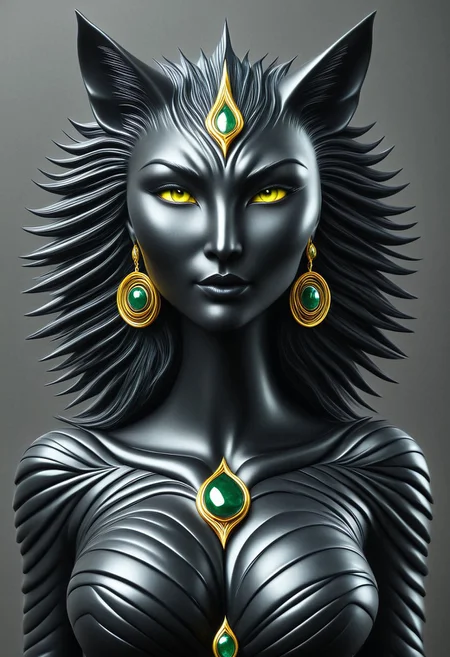 (Pencil_morph_style:1.5), Obsidian Jade Style, decorated bar, Cambodian woman, asian features, long hair, huge boobs, massive breasts, small waist, fitness body, toned muscle, wide hips, An extreme photorealistic upper body shot of a cat girl with mesmerizing golden eyes and slit pupils. She has long, flowing two-tone hair, white and black, with striking, unrealistic beauty. Her black lips curve slightly to reveal sharp fangs, and her long fingernails are a key feature of her sleek cat suit. Include tiny imperfections like pores, faint freckles, and slight skin texture variations to add realism. Realistic lip texture with soft lines, slight gloss, and natural color variation. Realistically detailed tear ducts, slightly moist, enhancing the natural appearance of the eyes. Faint, barely visible veins under the eyes, adding depth and authenticity to the skin. Individually rendered eyebrow hairs with natural variation in direction, length, and thickness. Variation in hair strand thickness, with some thinner and finer than others. Detailed texture on the cat suit, showing the weave or material pattern, such as leather, spandex, or velvet. Shadows that move with the character, responding to her position and the light source accurately, 28 YEARS OLD, wrinkles, cat girl, crystal, gem, sparkle, YELLOW EYES, CAT EYES, catgirl, big eyes, black bodysuit and small mask, Symbiote Suit.