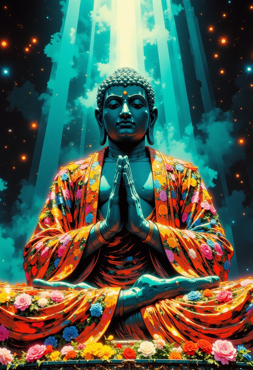 cinematic film still award winning photo.A large statue of a praying buddha, its covered with a rainbow array of colorful flowers.A beam of sunlight illuminates him.a tranquil scene, high budget, bokeh, cinemascope, moody, epic, gorgeous, film grain, grainy,anime, cyberpunk, Comic book style,CAICO