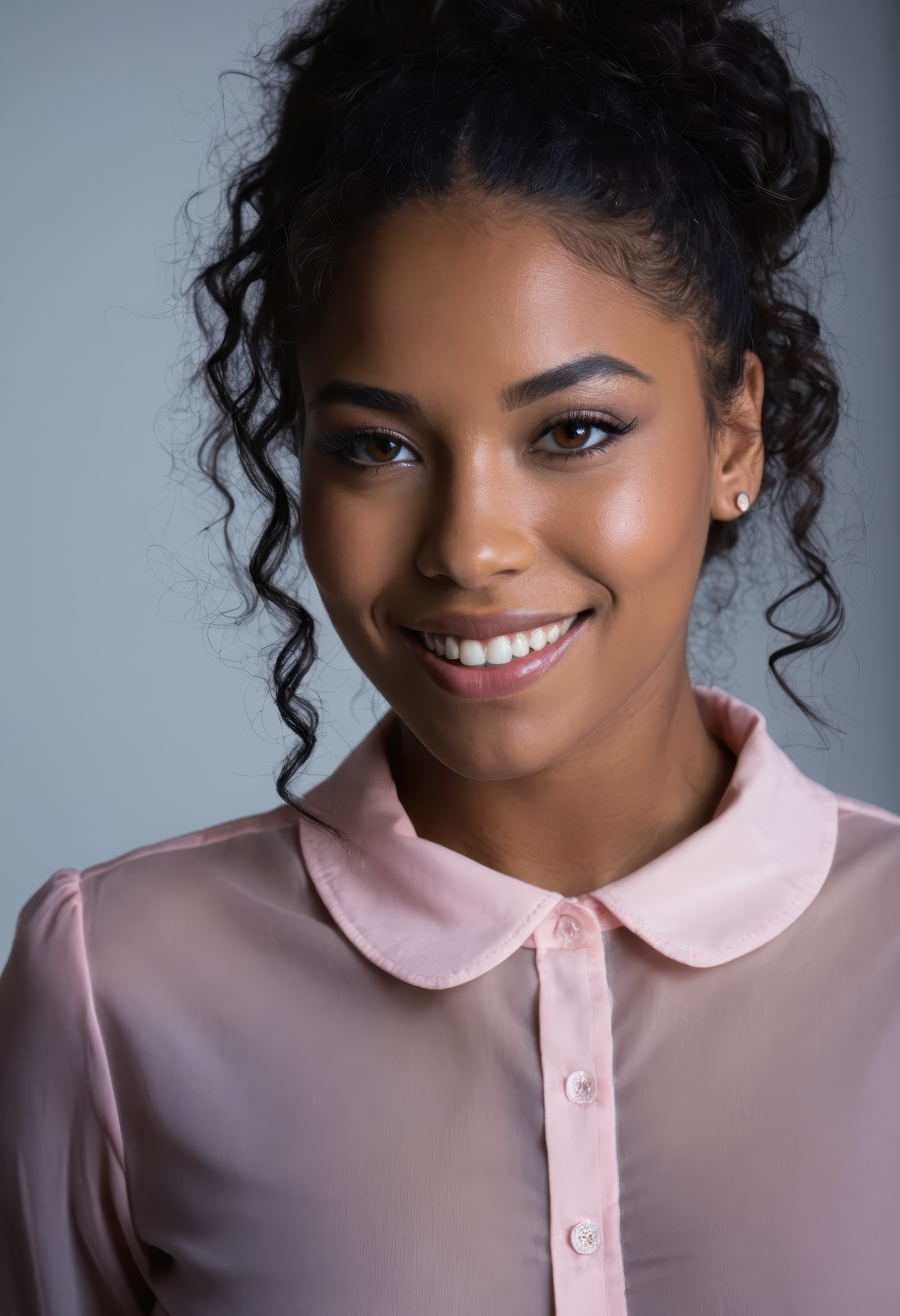 sdxl_lenruadi, studio portrait, smile, wearing a peter pan collar blouse, eyeliner, makeup, perfect faux loc hair, under soft blue and pink backlighting, ultra-sharp cinematic photo with glossy highlights and a provocative, high-fashion aesthetic
