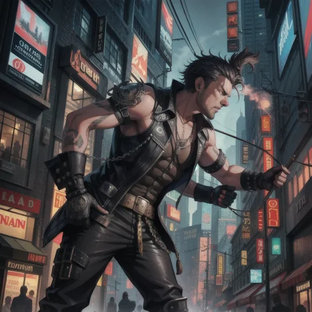 city, cyberpunk, fantasy punk, asian punk, steam punk, Highly detailed and finely crafted with crazy details, The man is destroying city
