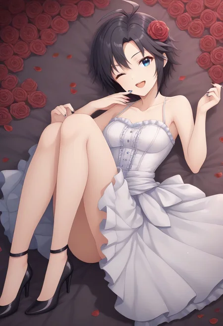 1girl, solo, kikuchi makoto, 
1girl, ahoge, antenna hair, black hair, blue eyes, dress, flower, open mouth, rose, smile, solo, bare shoulders, collarbone, frills, hair flower, hair ornament, high heels, holding, legs, lying, nail polish, one eye closed, open mouth, petals, red flower, red rose, ribbon, rose, rose petals, short hair, sitting, smile, solo, white dress, 
masterpiece, best quality, very aesthetic, absurdres,