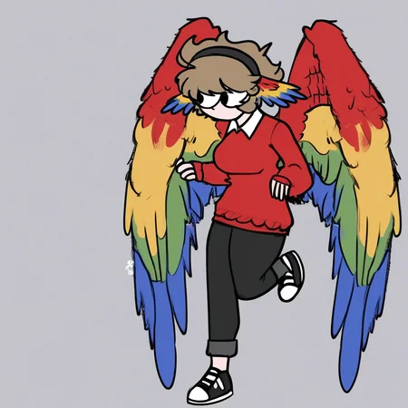 Grian, Female, parrot wings, wings, red sweater, light brown hair, black pants, black sneakers
