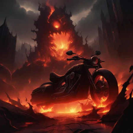 Dark Fantasy Art, Dark Moody Atmosphere, dramatic, mysterious, dark moody atmosphere, dark, moody, dark fantasy style, realistic anime,
BREAK,
Ghost Rider rockets up the skyscraper, his flaming motorcycle scorching a fiery path over glass and steel,
BREAK,
His skull, engulfed in hellfire, casts a sinister, flickering glow, with empty eye sockets seething with vengeful fire,
BREAK,
Flames curl around his skeletal form, his leather jacket and pants seared and frayed, smoldering as he rides,
BREAK,
sitting on his bike, (((cracked roadway))), cracked road, skull, from side, low angle shot, close up shot, detailed afce, detailed skull, front view, wide angle, burning wheels and bike, chopper motorcycle, chopper, burning engine, leaking lava from cracked road, red sunset,
detailed bike,