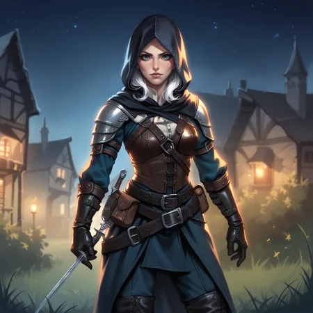 score_9, score_8_up, score_7_up, score_6_up, score_5_up, score_4_up, zPDXL2,source_anime,rating_questionable,1girl, cowboy shot, looking at viewer, night, nightime, medieval <lora:Rogue_Armor:0.8> rogu3, belt, leather armor, gloves, hood, boots