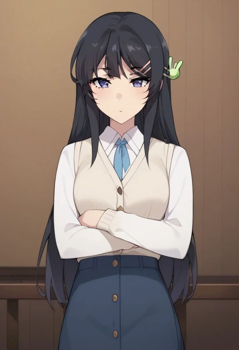 score_9,score_8_up,score_7_up,score_6_up,1girl,mai sakurajima, long hair, bangs, black hair, hair ornament, purple eyes, hairclip, rabbit hair ornament,white cardigan, long sleeves, blue skirt,sexy thighs,upper body, dark,underlight,posing,sexy,indoors,random location