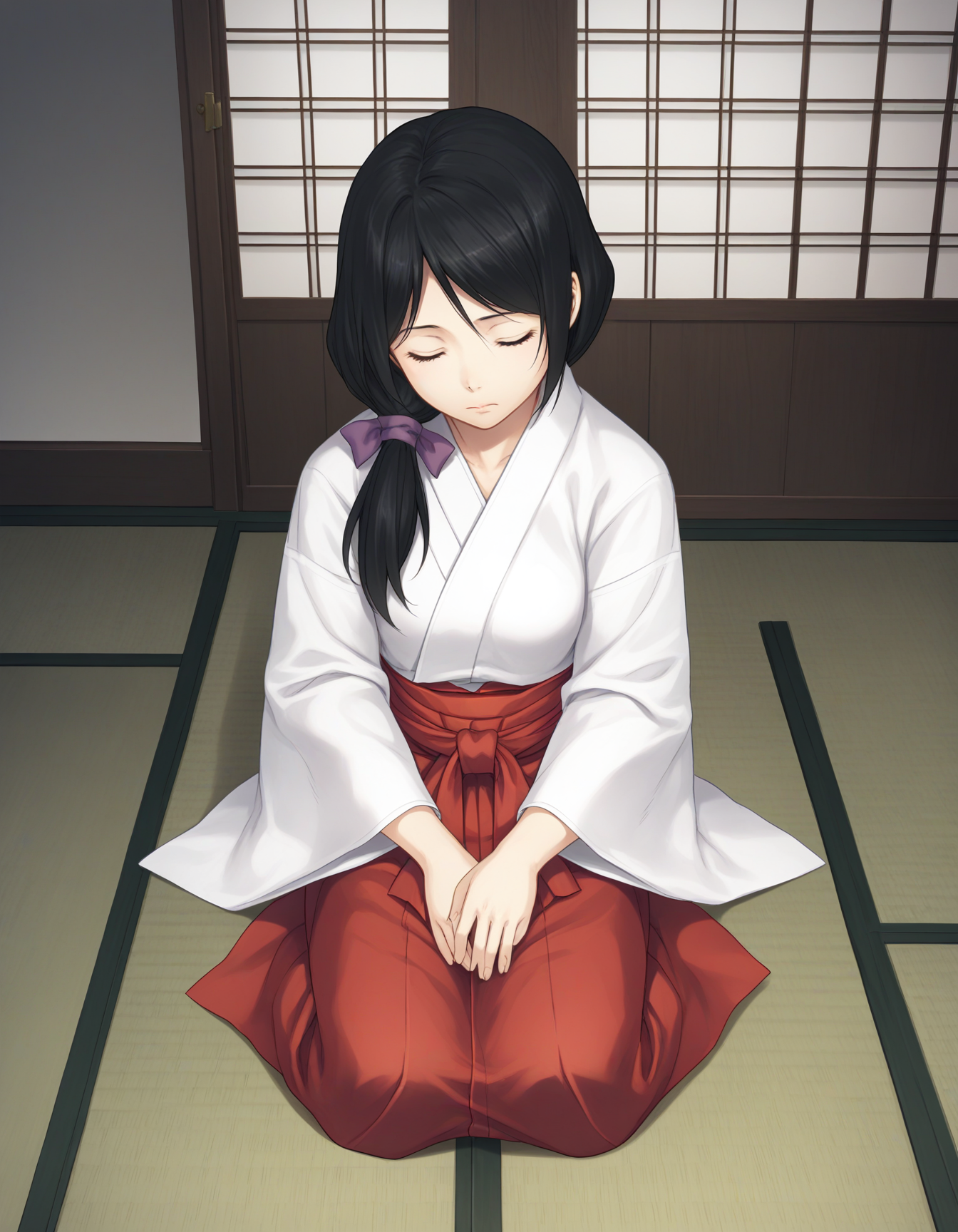 score_9, score_8_up, score_7_up BREAK 1girl, solo, shigusa saya, black hair, low ponytail, hair over shoulder, closed eyes, closed mouth, hair ribbon, purple ribbon, miko, white kimono, red hakama, sitting on floor, seiza, hands on laps, tatami, shouji, sliding doors, high-angle view, dark background, <lora:shigusa_saya_pdxl_v1:0.8>