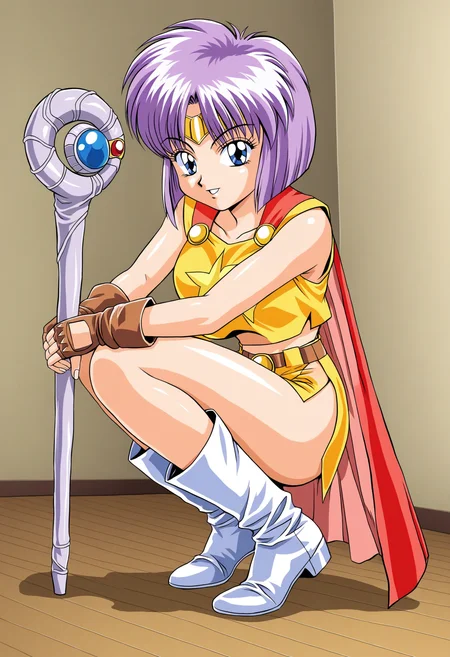 Milfie, <lora:Milfie_pony1.1-000006:0.7>, full body,
short hair, purple hair, blue eyes,
staff, yellow miniskirt, brown fingerless gloves, yellow crop top, side slit, red cape, boots
squatting, looking at viewer, pantyshot,
retro artstyle, 1990s (style),
BREAK (indoors, bedroom:1.2)