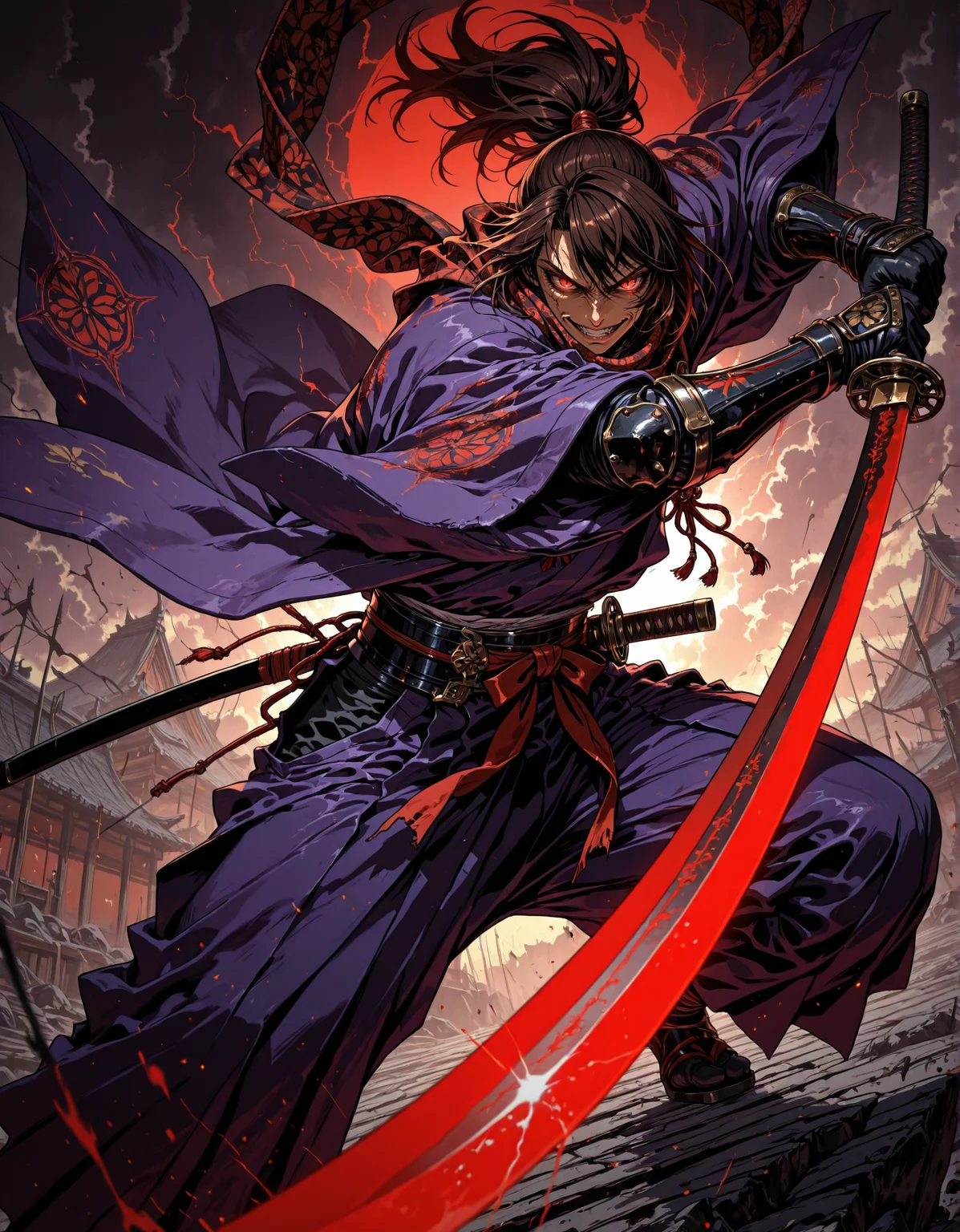 masterpiece, best quality,high quality, newest, highres,8K,HDR,absurdres, 1boy, androgynous, solo, ponytail, long dark brown hair, glowing red eyes, slit pupils, evil smile expression, black and red checker patterned scarf, purple kimono, haori, hakama pants, katana, samurai fantasy battlefield, stormy sky, dynamic pose, intense lighting, detailed background, depth of field, dynamic composition, foreshortening, detailed background, dynamic pose, dynamic composition,dutch angle, detailed backgroud,foreshortening,blurry edges
<lora:iLLMythM4gicalL1nes:1> M4gicalL1nes