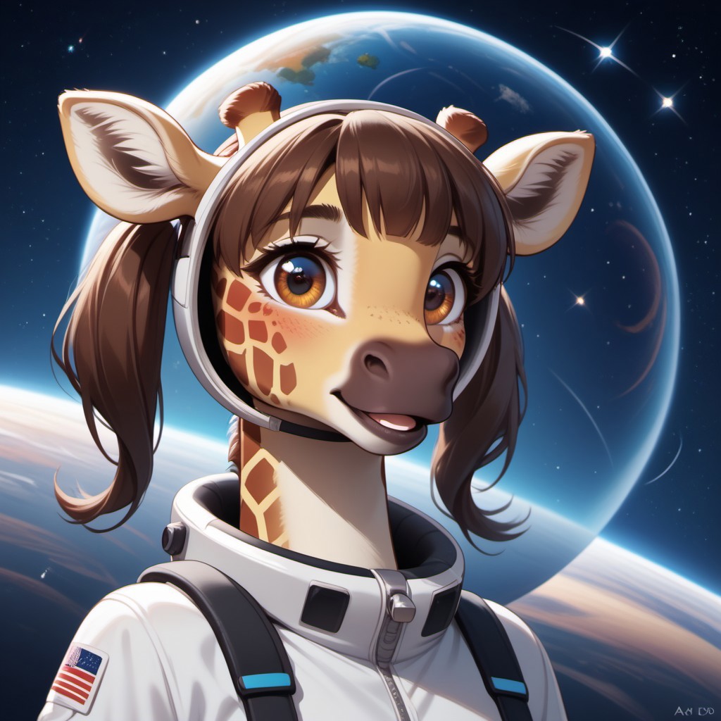vivid fantasy colors, digital art, Score_9, score_8_up, score_8_up, M4dd13G1r4ff3, anthro giraffe, twintails, space suit, floating in space, stars, planets,