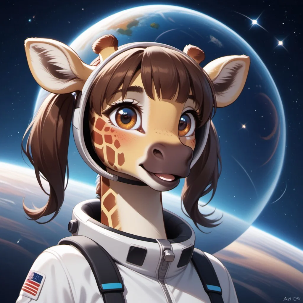 vivid fantasy colors, digital art, Score_9, score_8_up, score_8_up, M4dd13G1r4ff3, anthro giraffe, twintails, space suit, floating in space, stars, planets,