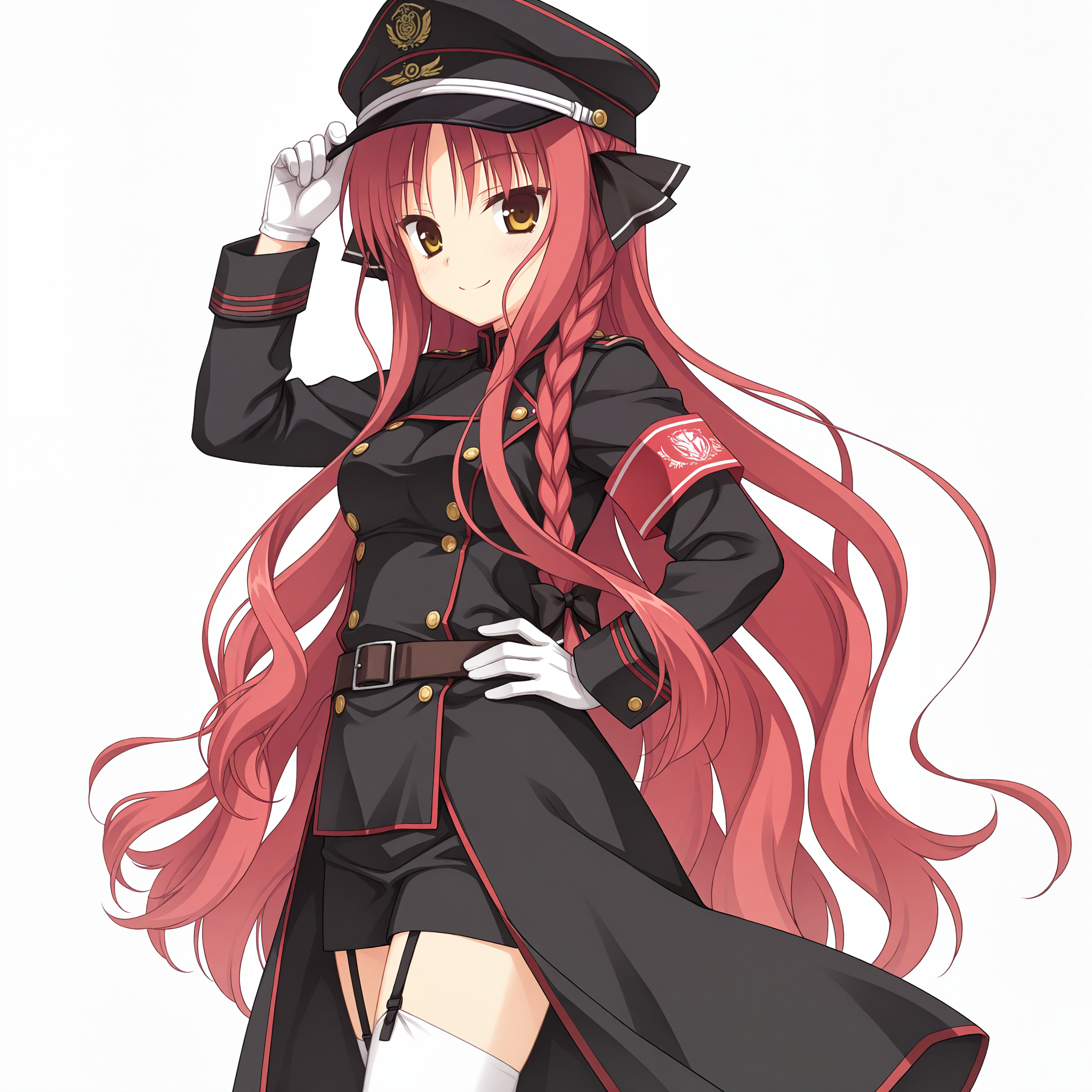 <lora:Yarai_Miu_1_nai-000033:1>,Yarai Miu,
single braid,hair bow,black bow,
peaked cap,military hat,black headwear,white gloves,white thighhighs,garter straps,long sleeves,military uniform,red armband,black jacket,brown belt,buttons,
BREAK
1girl,solo,smile,looking at viewer,standing,white background,hand on own hip,hand on headwear,from side,looking down,