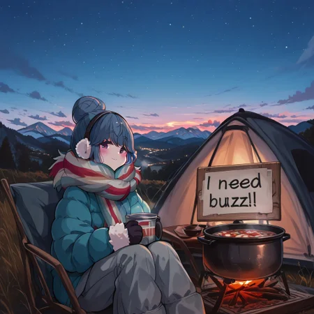1girl, shimarin, yuru camp, blue hairbun, winter clothing, ear muffs, multicoloured coat, multicoloured scarf, wool gloves, gray warm pants, camping, sitting on camping chair, sitting next to tent, holding sign, cozy, need_buzz, "I need buzz", sign leaning against pot, looking at viewer, slight smile, cold, stew, portable pot, campfire, firewood, table, tent, sleeping bag in tent, mountainous horizon, japanese countryside, outdoors, starry sky, sky with pink hues, dusk, lights in far horizon, cozy theme, detailed background, masterpiece, high quality, best quality, very aesthetic, bright shadows, soft colours, detailed, absurdres, score_7, score_8, score_9