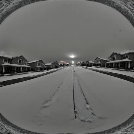 liminal, suburban liminal, suburban, an empty suburban environment, vanishing point, depth of field, fisheye lens, snow, neighborhood, indoors, looking out window, garage, symmetrical, abstract, split image, creepy, greyscale, night, day, sunrise, sunset, beautiful, masterpiece, offset
