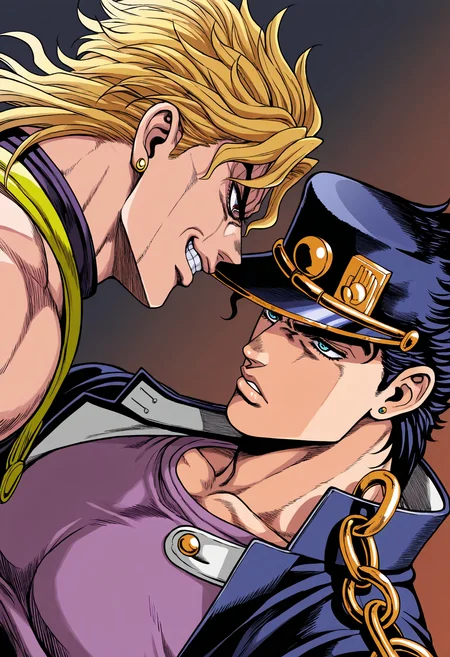 2boys, 
kujo jotaro, jojo no kimyou na bouken, araki hirohiko, wrinkled skin, angry,
dio brando, grin,
face-to-face, v-shaped eyebrows, upper body, from side, glaring, dutch angle, 
general, masterpiece, best quality, very aesthetic, absurdres,