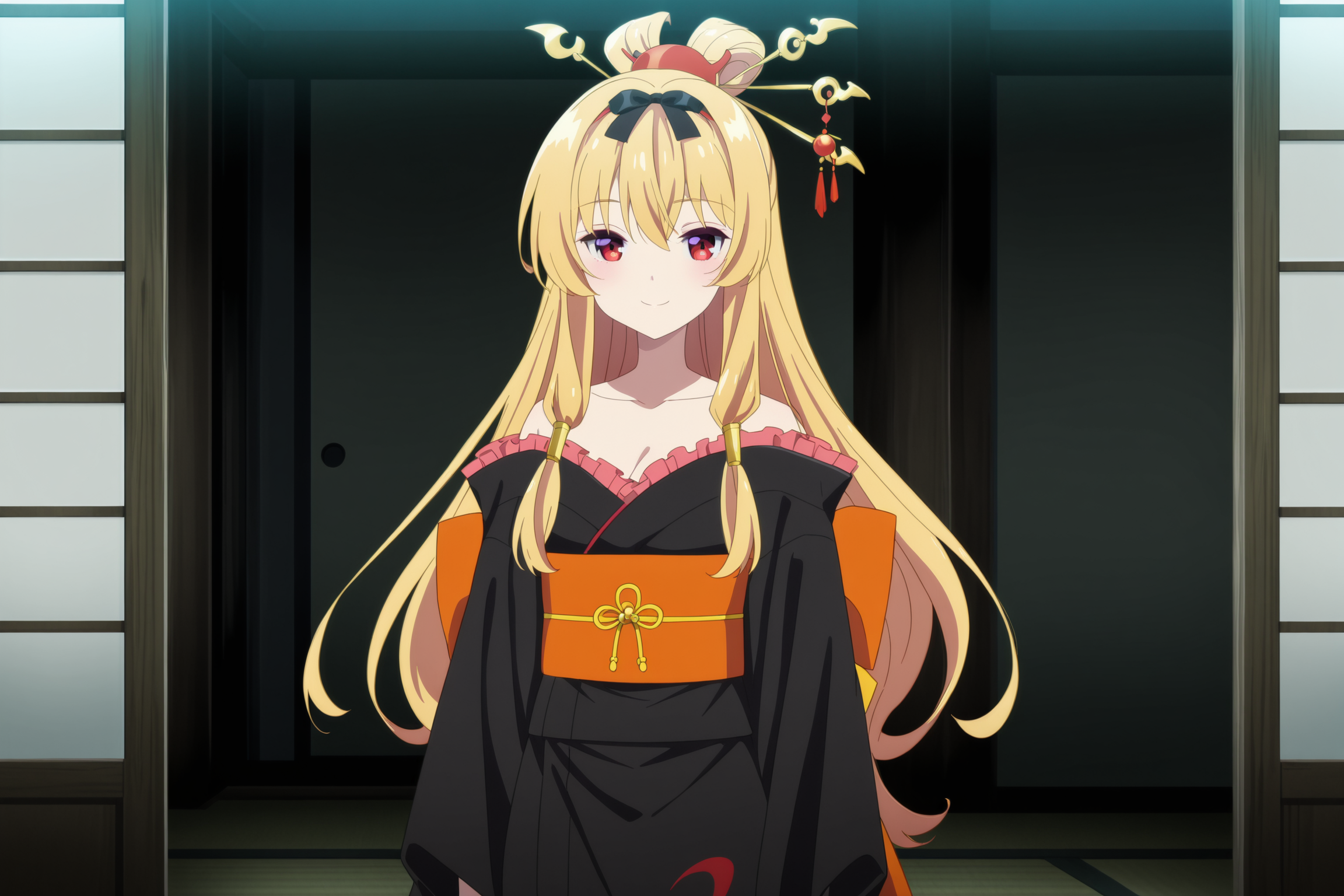 anime screencap, anime coloring, detailed face, perfect fingers, masterpiece, best quality, very aesthetic, absurdres, volumetric lighting,
 <lora:Yue_Arifureta_r1:1>
inside a Japanese building, 
Yue (character), 1girl, solo, red eyes, blonde hair, long hair, Japanese clothes, sash, hair ornament, black kimono, obi, hair stick, sexy smile, eyelids partially closed, cowboy shot,