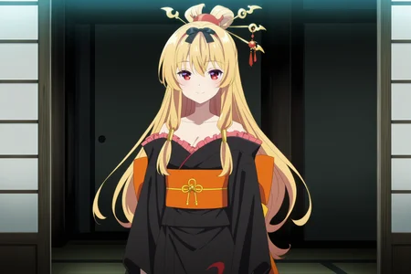 anime screencap, anime coloring, detailed face, perfect fingers, masterpiece, best quality, very aesthetic, absurdres, volumetric lighting,
<lora:Yue_Arifureta_r1:1>
inside a Japanese building,
Yue (character), 1girl, solo, red eyes, blonde hair, long hair, Japanese clothes, sash, hair ornament, black kimono, obi, hair stick, sexy smile, eyelids partially closed, cowboy shot,