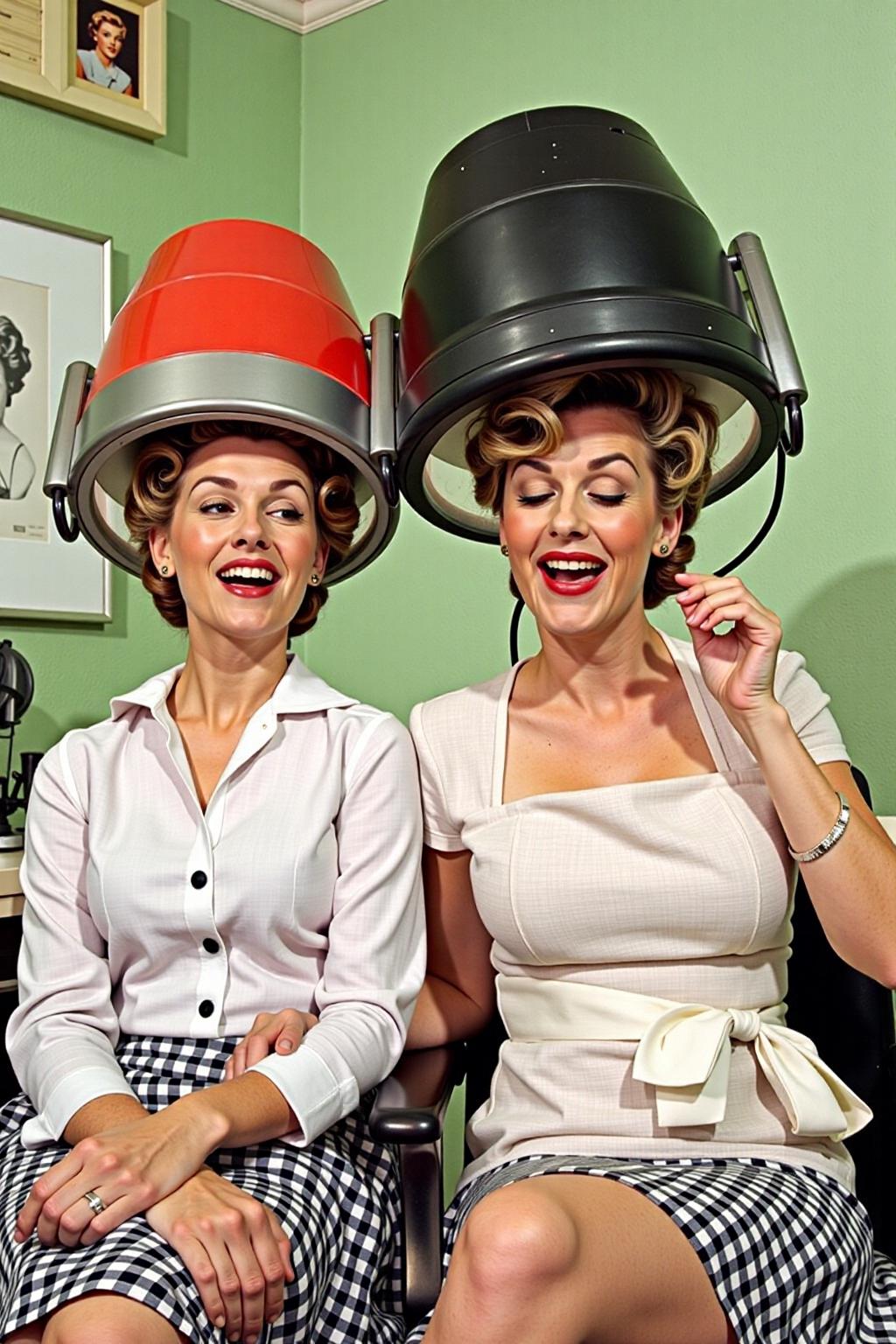 a vintage photograph captures two women, one in a white dress and the other in a black and white dress. The woman in the white dress is wearing a large black vintage hair dryer, while the woman on the left is wearing a red vintage hair dryer. Both women are smiling, their eyes closed, and their lips are slightly parted, as if they are posing for the camera. The background is a light green wall, with a small picture of a woman's face hanging on the wall. <lora:vintage_hair_dryer_v1:1.0> <lora:Flux-Sch-SingleBlocks-BF16:1.0><lora:803946903759994166:0>