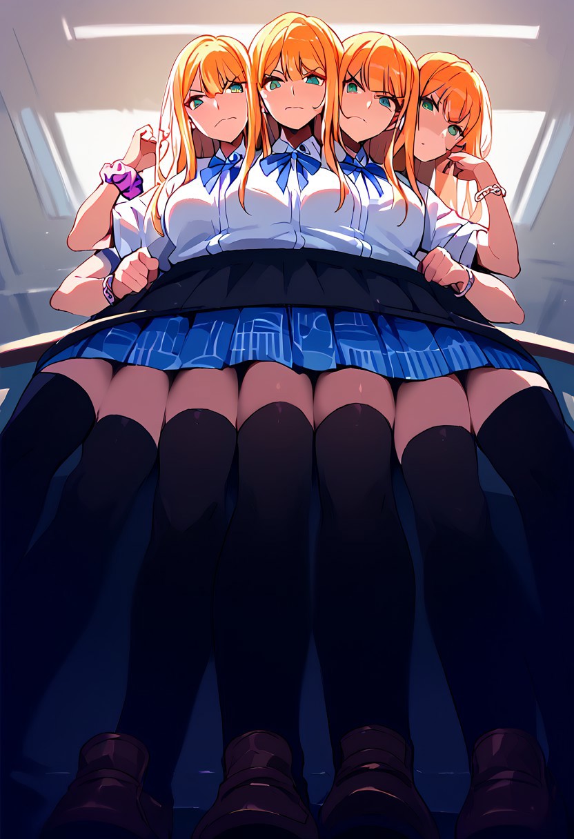 (((1girl))), ((8arms, three heads,six legs, trileg)),  score_9, score_8_up, score_7_up, score_6_up, score_5_up, score_4_up, shiny skin, leg focus, shiun sumika, wrist scrunchie, bracelet, loafers, (((black thighhighs))),  fully clothed, casual, leaning,( from below), six legs, trileg,  ((disgusted face)) , shaded face,indoors , classroom, [shadows], light rays, Expressiveh