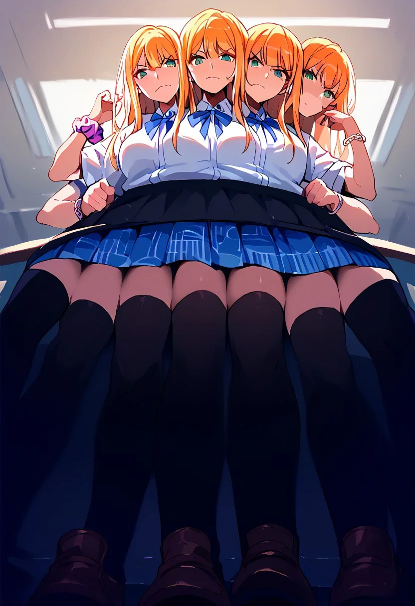 (((1girl))), ((8arms, three heads,six legs, trileg)),  score_9, score_8_up, score_7_up, score_6_up, score_5_up, score_4_up, shiny skin, leg focus, shiun sumika, wrist scrunchie, bracelet, loafers, (((black thighhighs))),  fully clothed, casual, leaning,( from below), six legs, trileg,  ((disgusted face)) , shaded face,indoors , classroom, [shadows], light rays, Expressiveh