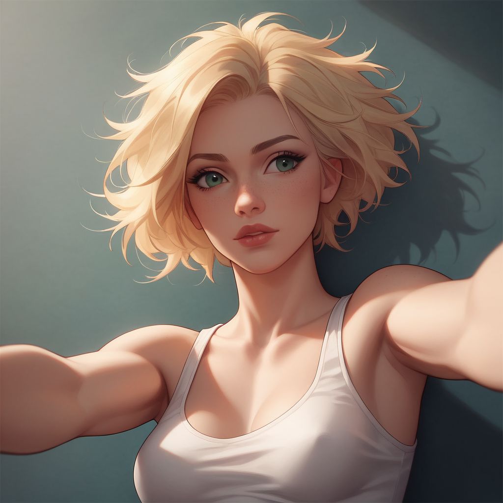 core_9, score_8_up, score_7_up, masterpiece, 
1girl, 18 years old, 
(fit body), full juicy lips, perfect green eyes,
(perfect perky (medium breasts)), 
(soft cute face),
(blonde hair messy ponytail), 
wearing white tank top and skimpy black skirt,