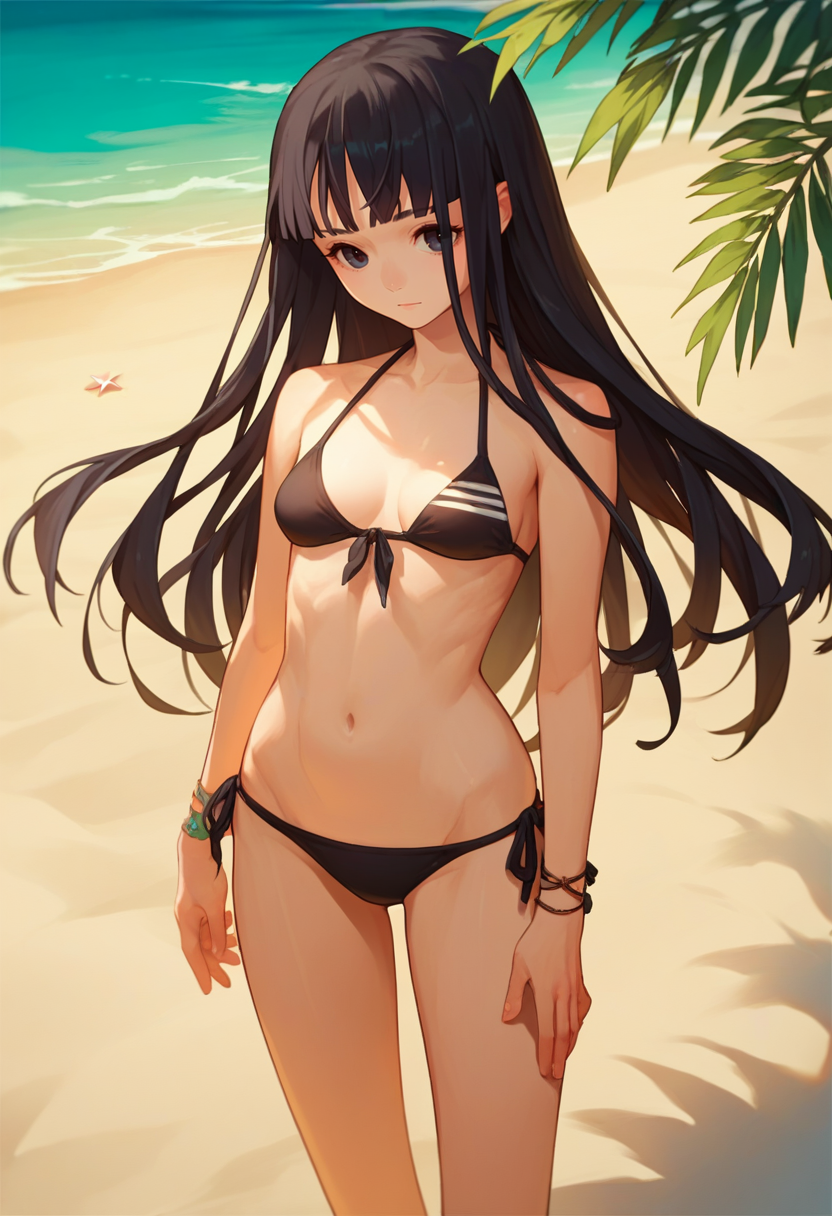 score_9, score_8_up, score_7_up, source_anime,  <lora:RinneCAME-000008:1> Rinne,  long hair, black hair, black eyes,  bikini, beach,