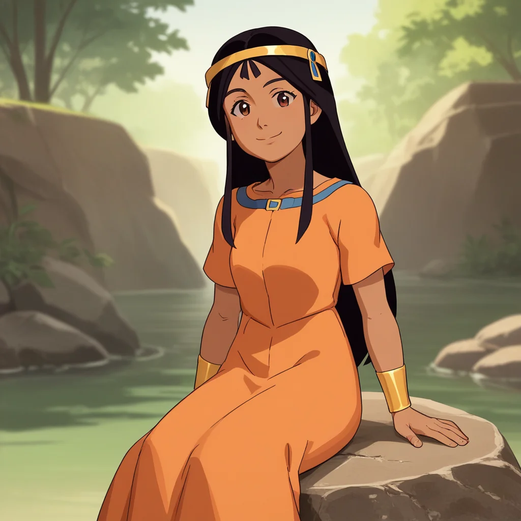 score_9_up, score_8_up, BREAK, Zia, 1girl , solo, dark-skinned female, brown eyes, black hair, long hair, headband, orange dress, gold wristband, sitting on rock, outdoors, <lora:Zia_CityOfGold_PXL_Leaf2:0.8>, smile, looking at viewer, arms at sides,