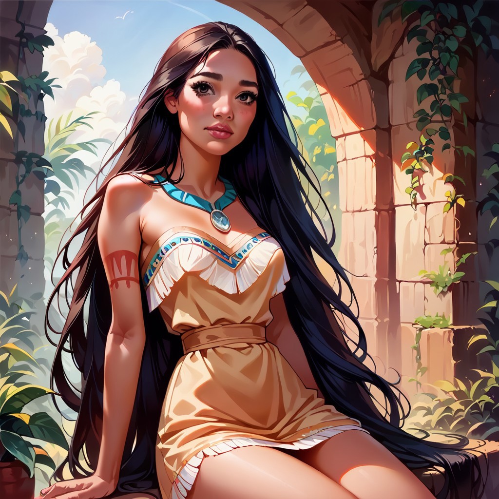 score_9, score_8_up, score_7_up, score_6_up, score_9, score_8_up, score_8, rated_safe
OverallDetail, 
(best quality:1.1), (masterpiece:1.2), (realistic:1.2), (detailed:1.1), (highres, best quality:1.2), 
{1girl, Pocahontas, Native American girl, black long hair, tribal, dress, eyelashes, cute, ((18 years old)), Slim girl, narrow waist, skinny, petite, (curvy), small arms, small legs}
pretty girl with long hair, eye contact, looking at viewer, source_anime, naughty traditional art, lineart, curvy