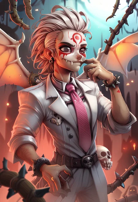 score_9,score_8_up,score_7_up, a cute skull, forehead paint, black eyes, white suit with vertical red stripes, pink tie, belt, thorn bracelet, white wings, KRKNK