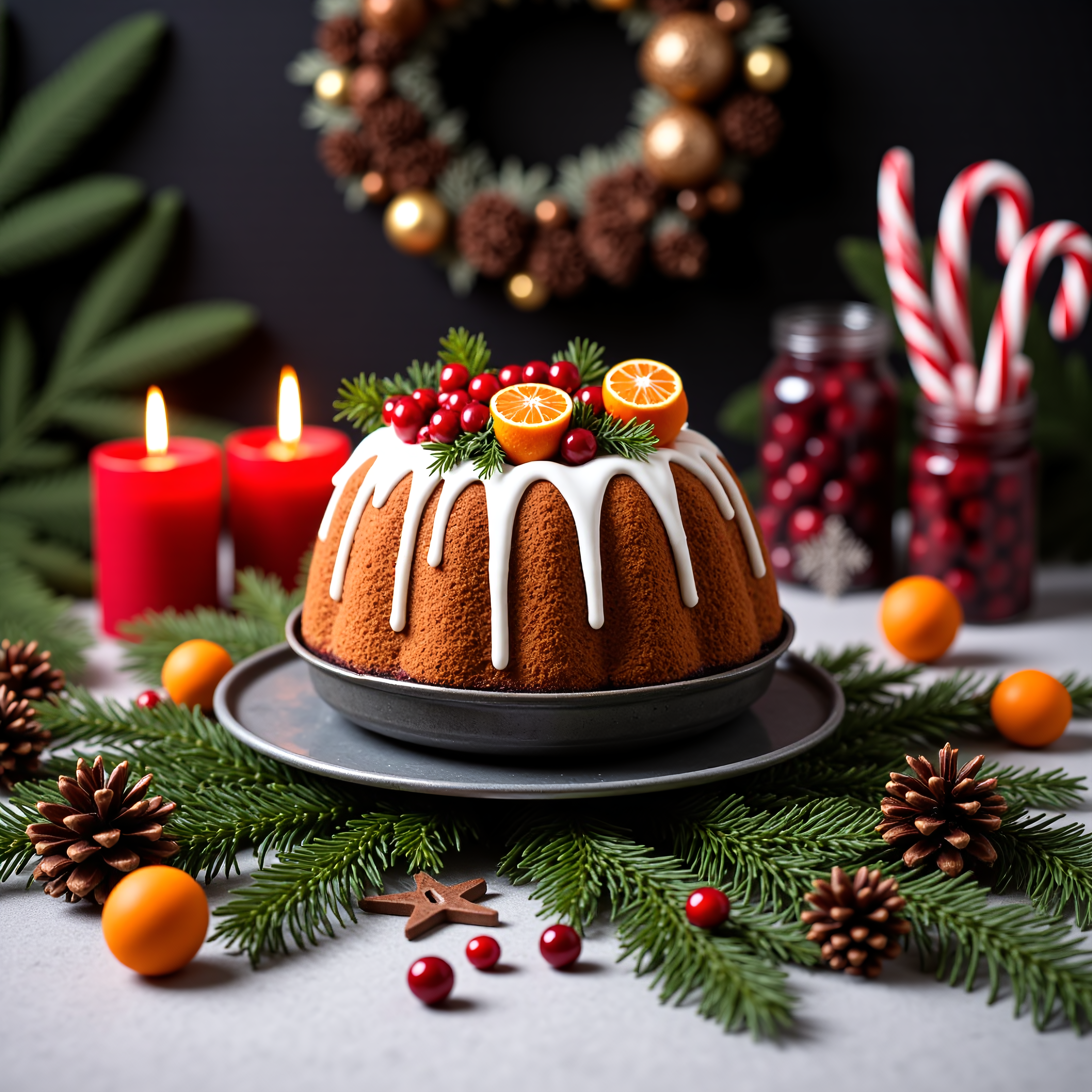 A festive Christmas bundt cake sits on a rustic, gray metal platter, decorated with fresh cranberries, pomegranates, and kumquats. The cake is a rich, golden brown, and has a white icing drizzle.  The platter rests on a light gray surface, scattered with pine cones, sprigs of evergreen, and pomegranate seeds.  Red candles, Christmas ornaments, and candy canes add to the holiday atmosphere.  Pine cones, Christmas greenery, and a blurred Christmas wreath create a festive background.  The lighting is warm and inviting, creating soft shadows and highlighting the vibrant colors of the decorations. The scene is beautifully arranged and detailed; the image has a slightly impressionistic quality, with soft focus on certain elements.  The color palette is rich in warm, festive tones of red, gold, brown, and white.