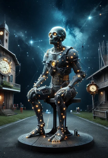 a skeleton clock sitting in the middle of a street, 3d rendered steampunk, muscular eldritch clockwork, cyberpunk skeleton, clockpunk, robot skeleton, steampunk automaton, high quality steampunk art, clockwork steampunk, skelleton, clockwork mechanical, titanium skeleton, tall skeletal figure, clockwork automaton, clockwork horror, mechanical clock, inter dimensional clockwork, 4 k human detailed!!! (starry night) starry_morph