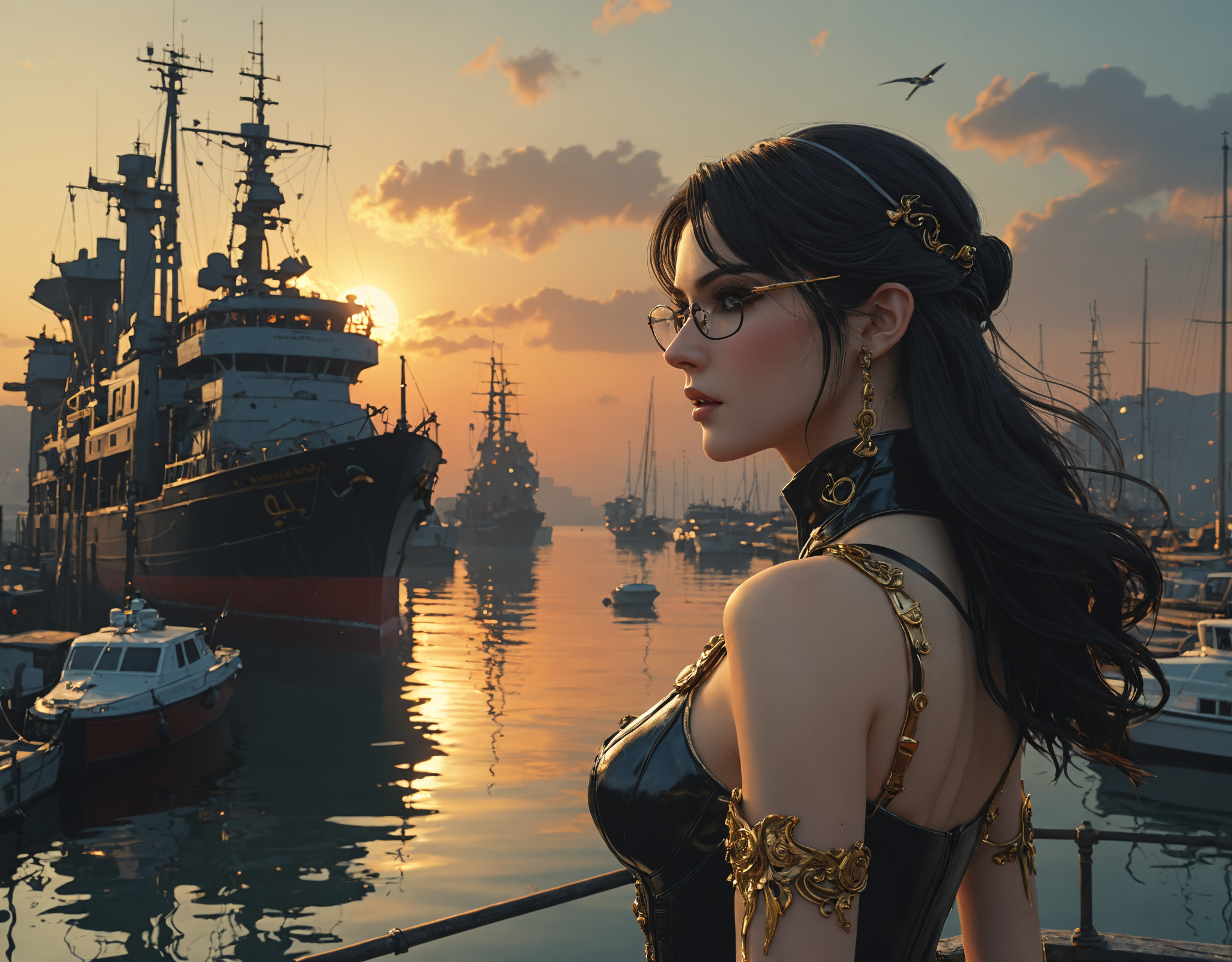 harbor landscape, Bayonetta, John Berkey, Turner, twilight, woman silhouette (Anna Dittmann), intricate details, hyper realistic detailed, 4K, 3D rendering <lora:add-detail-xl:1>