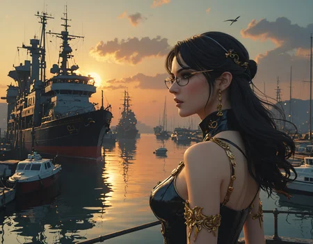 harbor landscape, Bayonetta, John Berkey, Turner, twilight, woman silhouette (Anna Dittmann), intricate details, hyper realistic detailed, 4K, 3D rendering <lora:add-detail-xl:1>