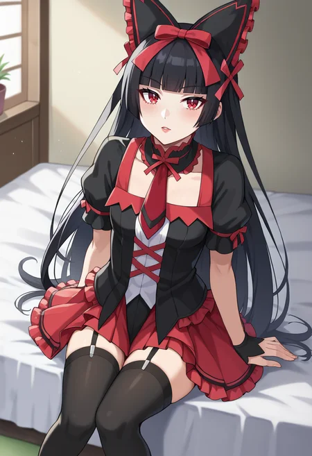 score_9, score_8_up, score_7_up, BREAK source_anime, 1girl, rory mercury, black hair, red eyes, hime cut, blunt bangs, goth fashion, hair bow, hair ribbon, frilled dress, red necktie, garter straps, black thighhighs, (sitting:1.2), bedroom <lora:hskc-rorymercury-pony-v0.6-000009:0.8>