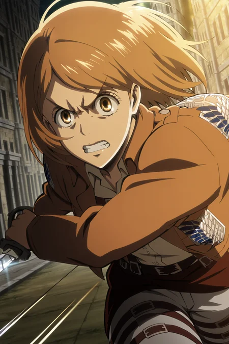 anime screencap, anime coloring, detailed face, masterpiece, best quality, very aesthetic, absurdres, volumetric lighting, 
outside, in a city,
 <lora:Petra_Ral_Attack_on_Titan:1>
attack on titan, Petra Ral (character), solo, 1girl, paradis military uniform, clenched teeth, emblem, jacket, teeth, short hair, brown eyes, brown hair, uniform, motion blur, survey corps (emblem), running toward the screen, impact lines, angry face, war face, holding a sword, cowboy shot