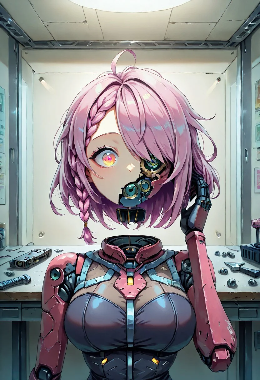 masterpiece, ultra-detailed, best quality, 8K, illustration, absolutely eye-catching,
1girl, solo,
A robot girl puts her detached head on a workbench. She is fixing her head because something went wrong inside her head.,
robot, cyan hair, medium hair, French braids, side tail, kawaii, azatoi, cyberpunk,
portrait, tool in hand, hammer, screw, gears,
fullbody, putting head on a workbench, putting disembodied head on a workbench, in lab,
cute girl, disembodied_head_smooth_shoulder, evi@decrepPunk