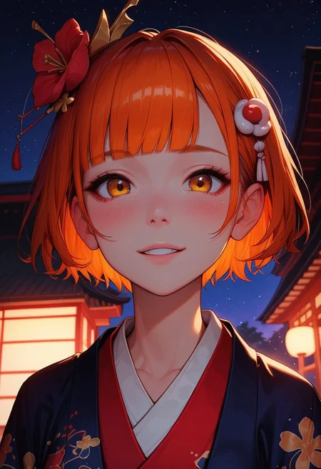 score_9_up, score_8_up, score_7_up, score_6_up, 1girl, 25 years old, perfect face, cute, petite,
three quarter view, detailed face, portrait, face focus, depth of field, looking at viewer, blush, shy smile,
yellow eyes,
short hair, bob cut, multicolored hair, colored inner hair, orange hair, blunt bangs, sidelocks, hair ornament,
kimono, Japanese architecture,
starry sky, night,